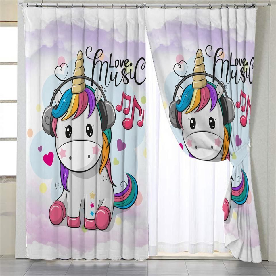 Love Music Unicorn Printed Window Curtain Home Decor