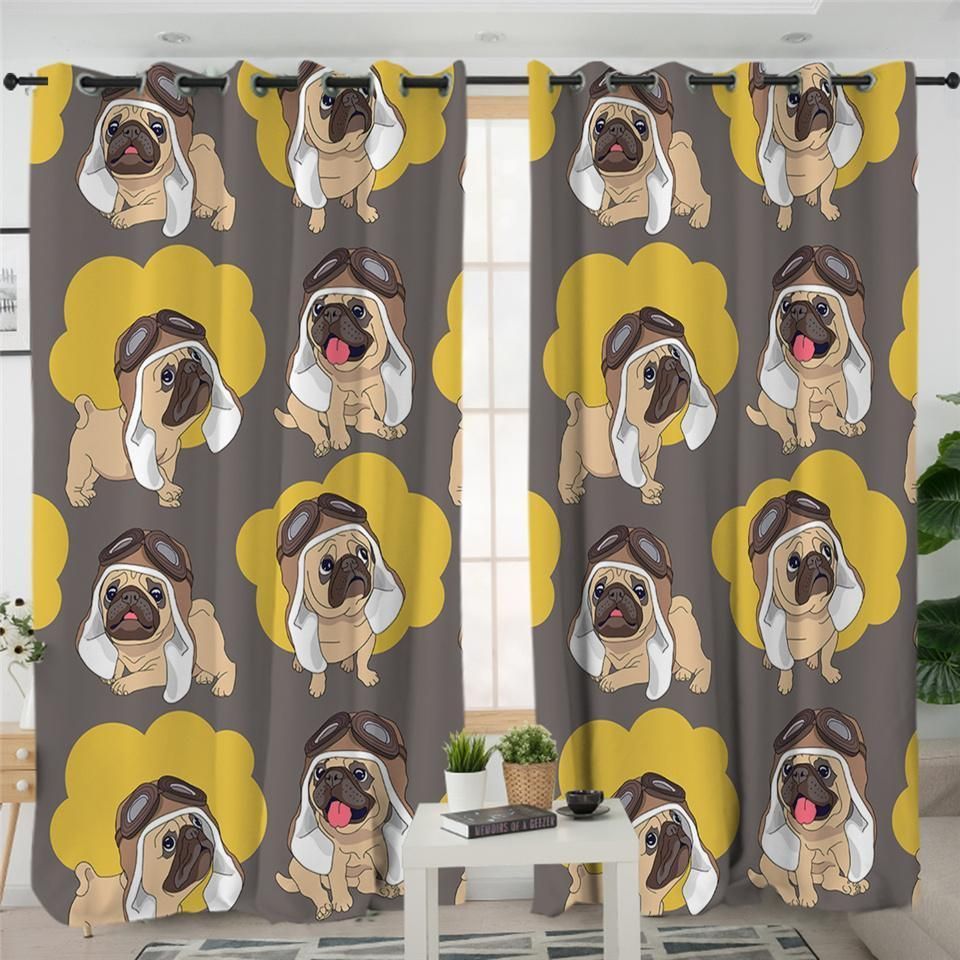 Lovely Yellow & Brown Pugs Printed Window Curtain Home Decor
