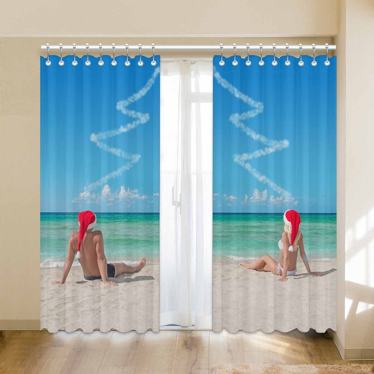 Lovers Couple In Santa Hats At Tropical Sandy Printed Window Curtain