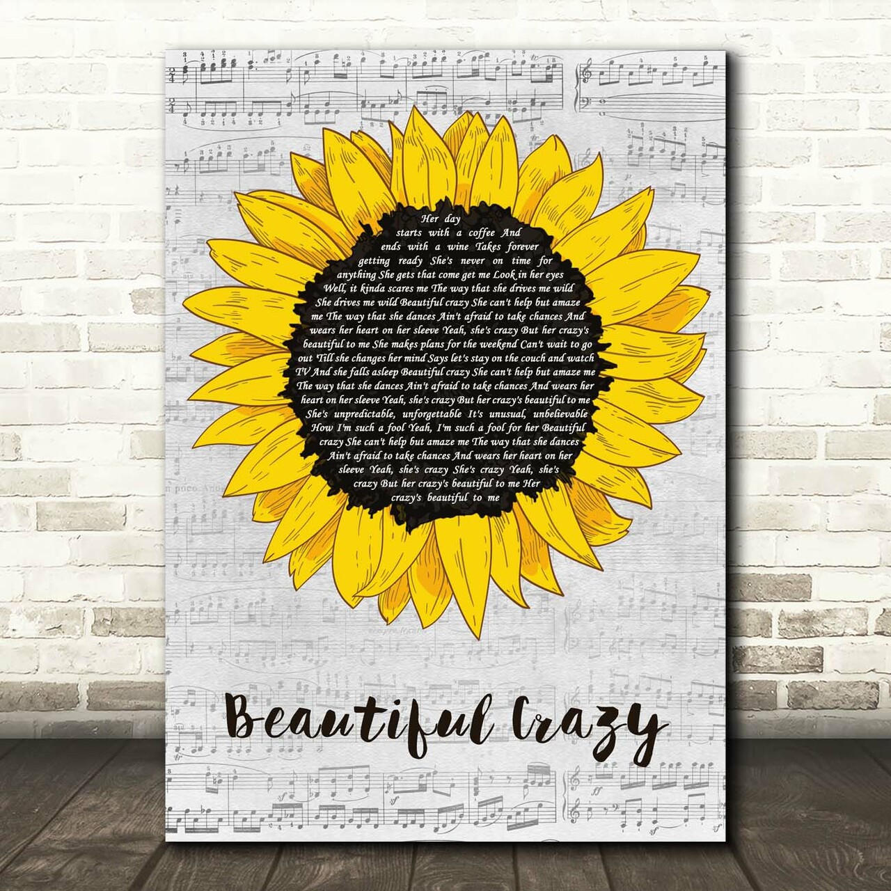 Luke Combs Beautiful Crazy Grey Script Sunflower Song Lyric Print