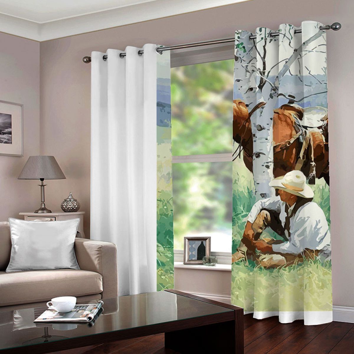 Man Sitting By The Horse And Dog Printed Window Curtain Home Decor