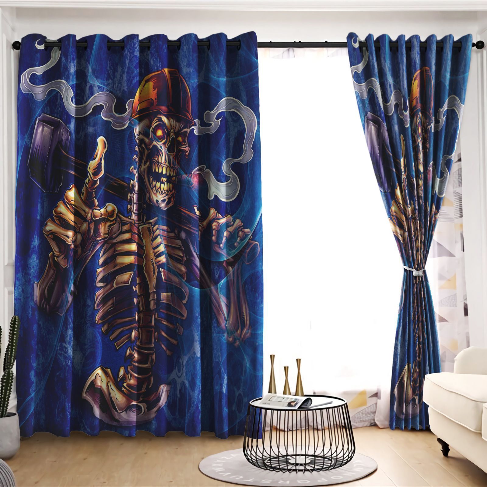 Mechanic Skull Blue Printed Window Curtain Home Decor