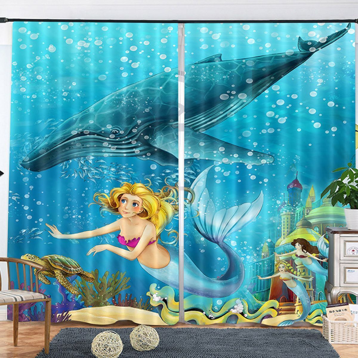 Mermaid And Blue Whale Printed Window Curtain Home Decor