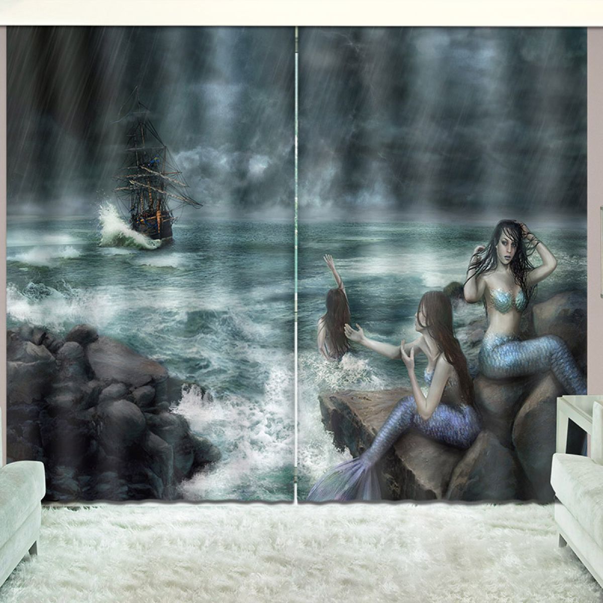 Mermaid And Boat In The Storm Patterned Printed Window Curtain Home Decor