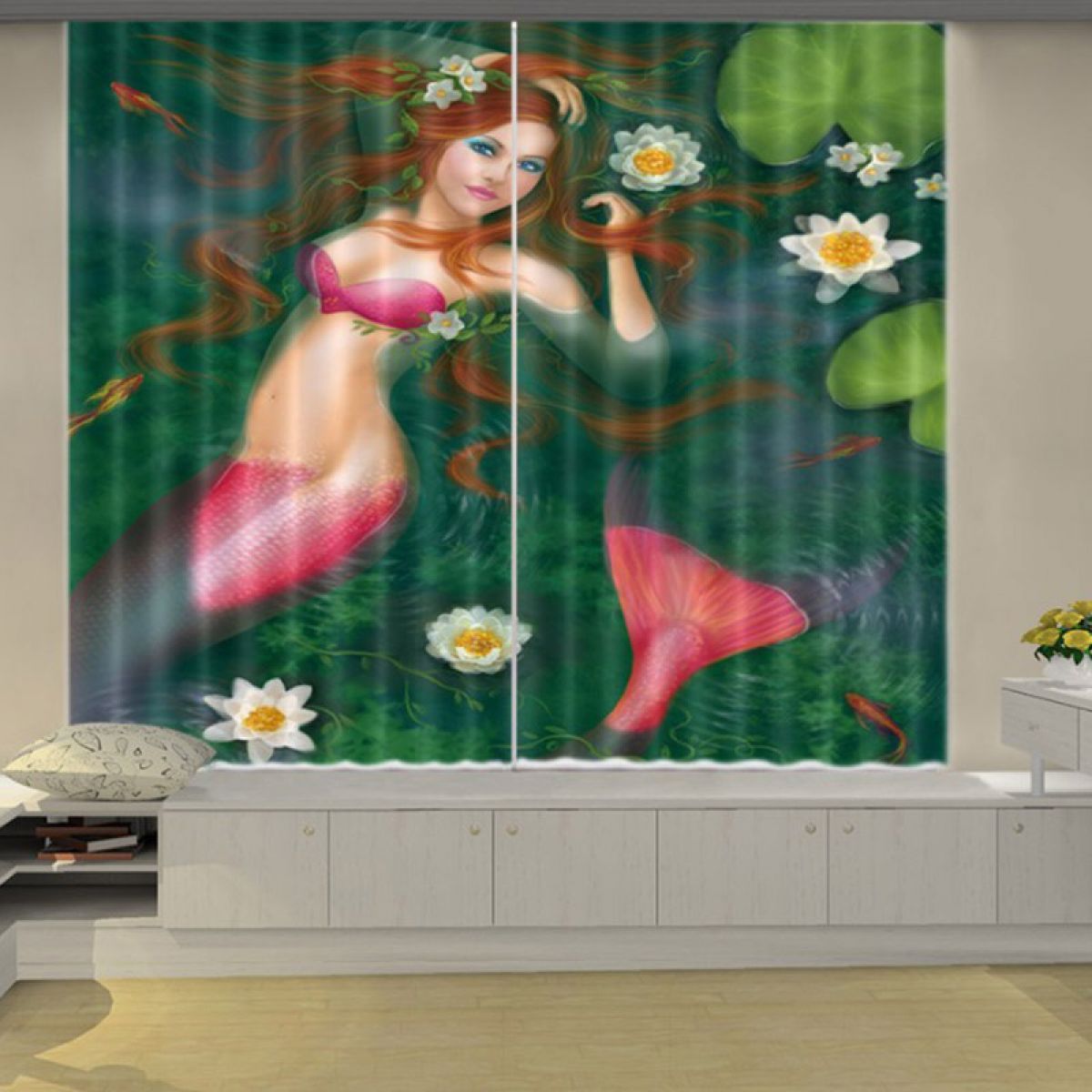Mermaid And Lotus Printed Window Curtain Home Decor