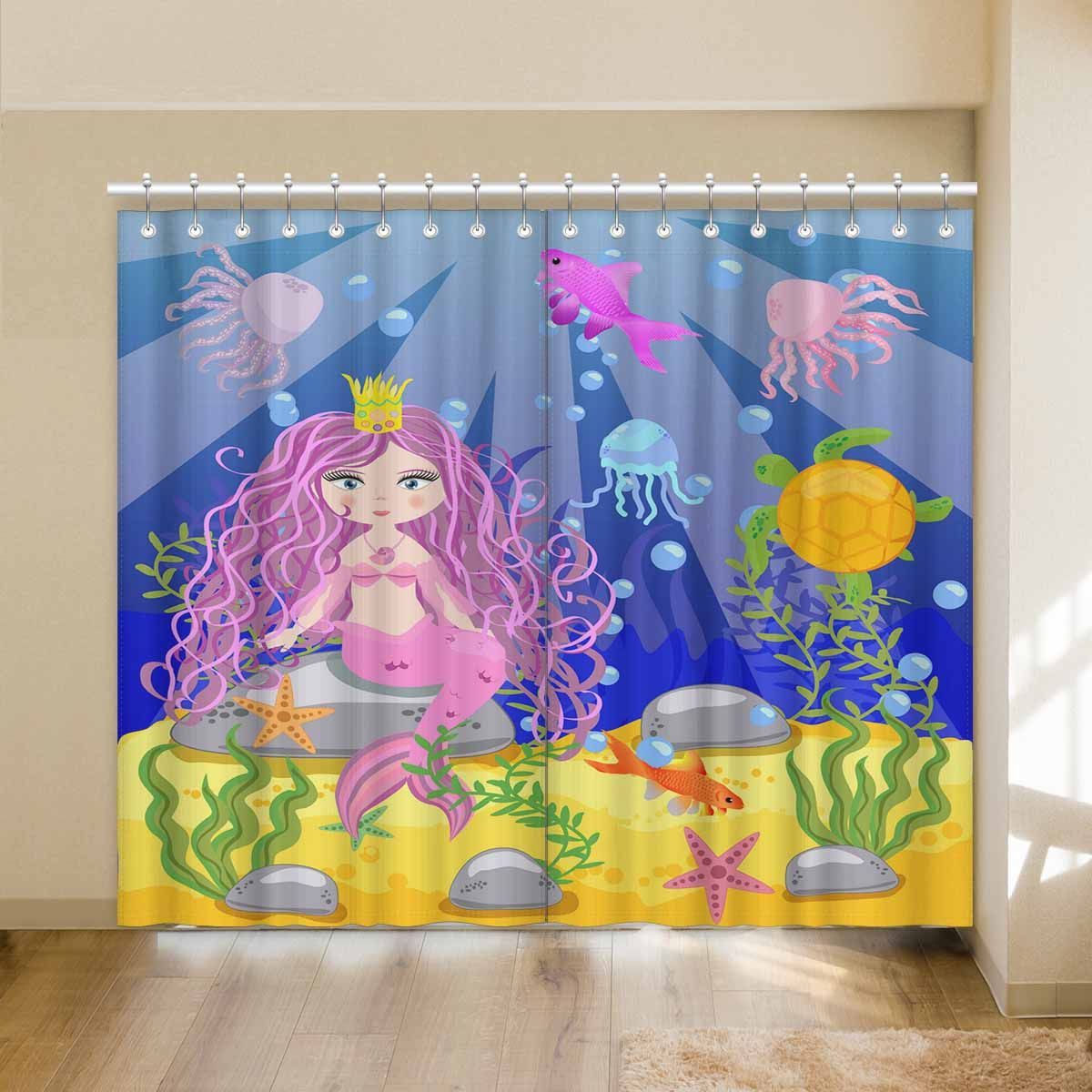 Mermaid Princess With Jellyfish Undersea Printed Window Curtain