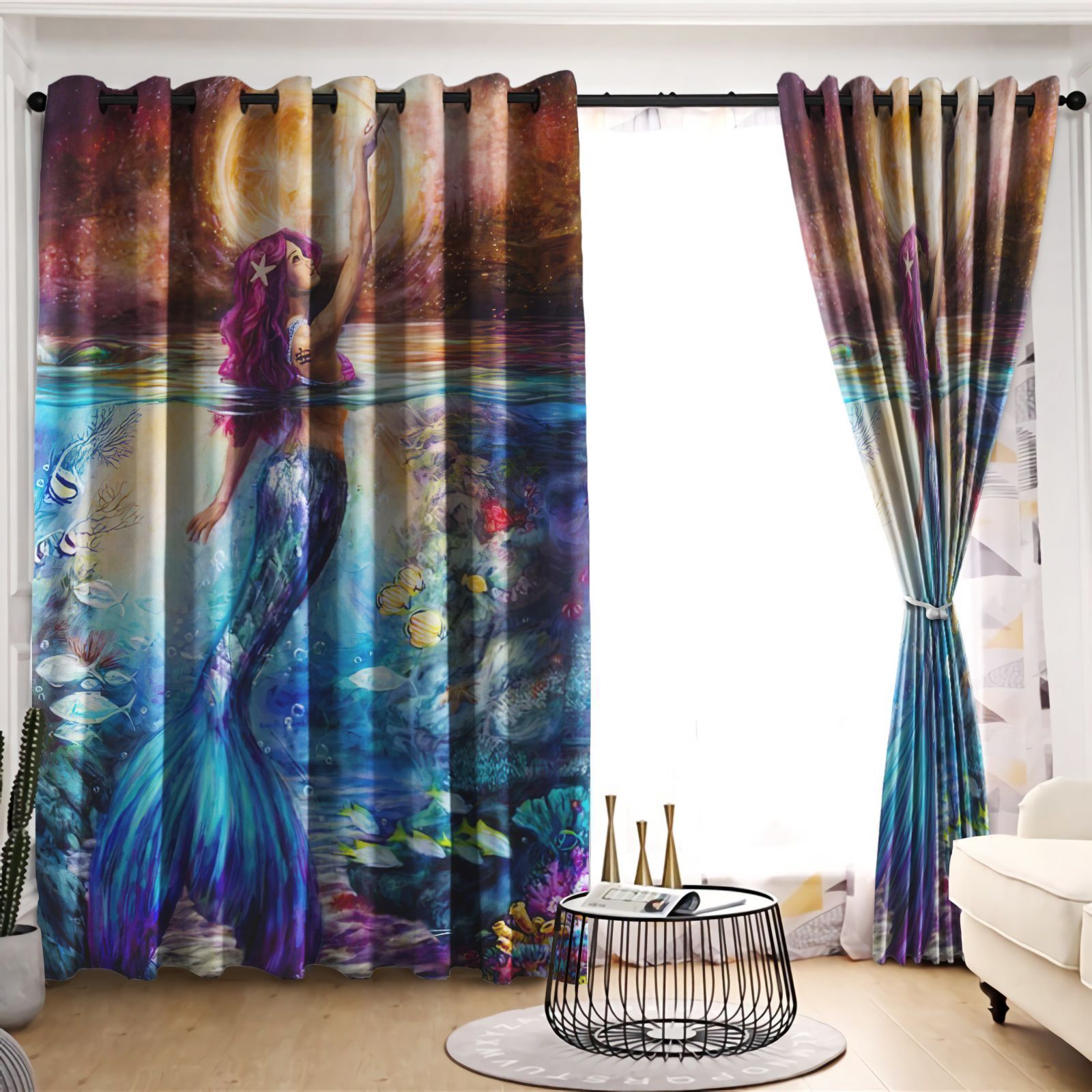 Mermaid The Ocean Roars Printed Window Curtain Home Decor