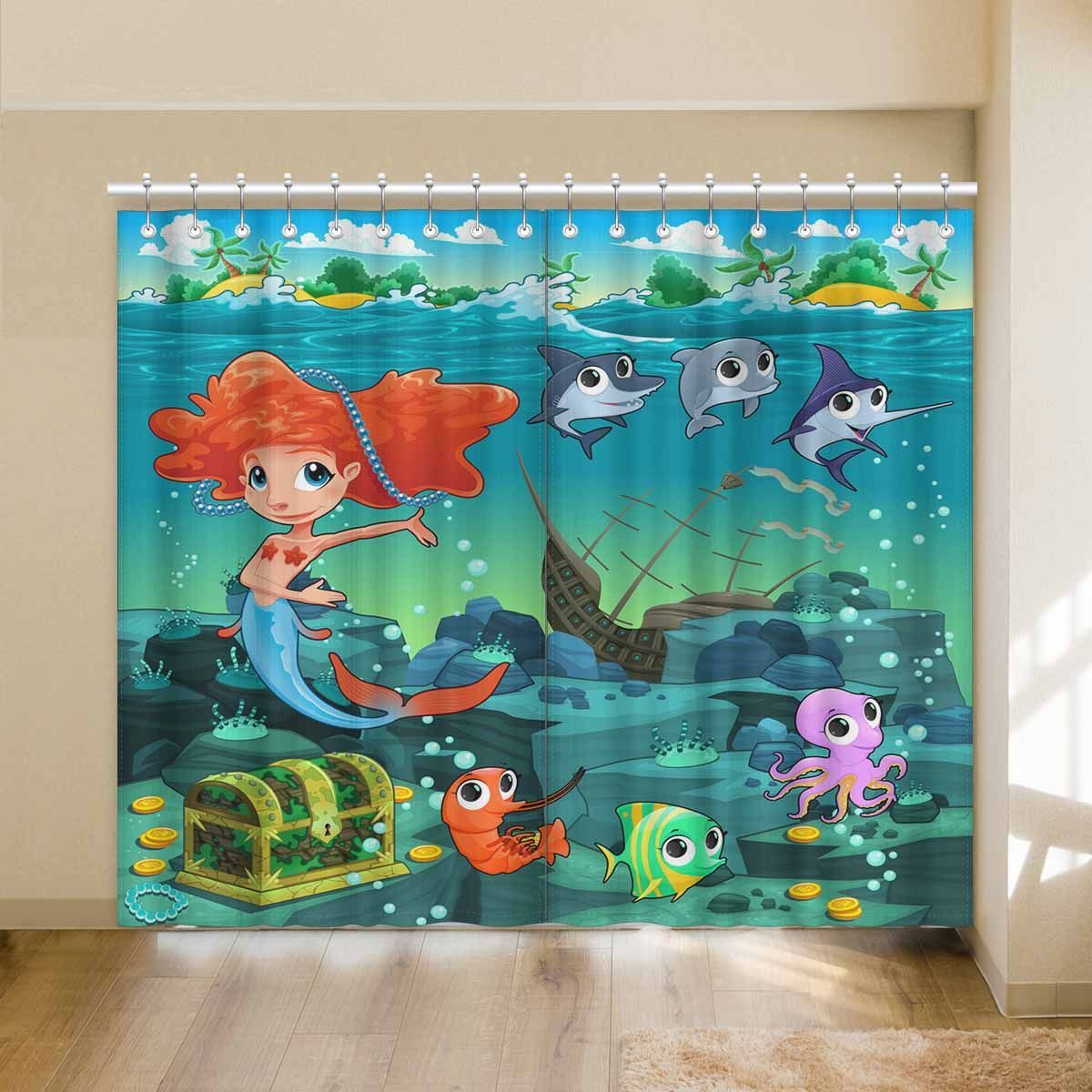 Mermaid With Funny Animals Printed Window Curtain