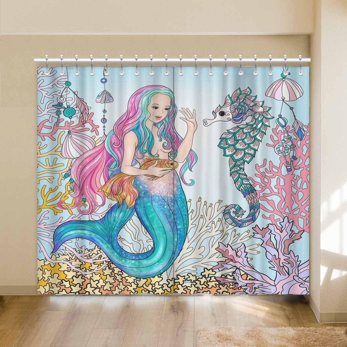 Mermaid With Gold Fish Printed Window Curtain