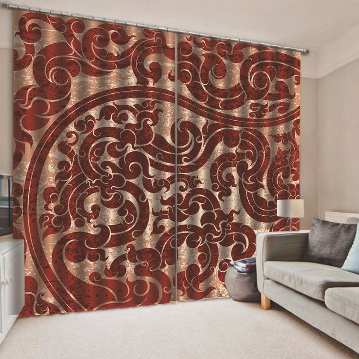 Modern 3d Cloud Maroon And Taupe Printed Window Curtain Home Decor
