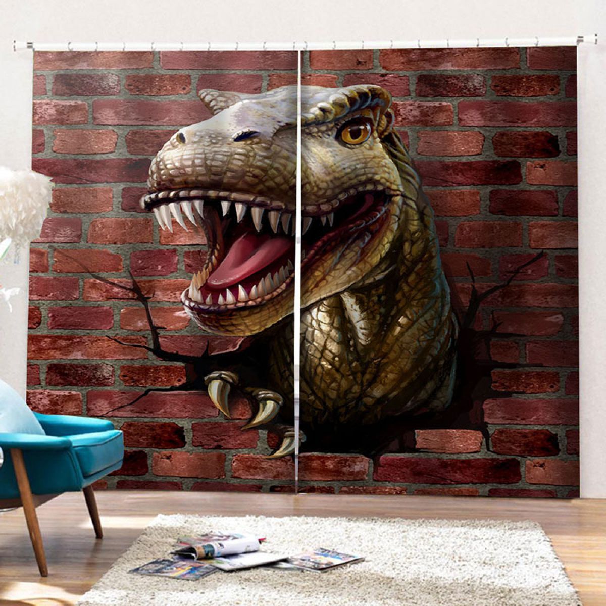 Modern 3d Dinosaur Breaking The Wall Printed Window Curtain Home Decor