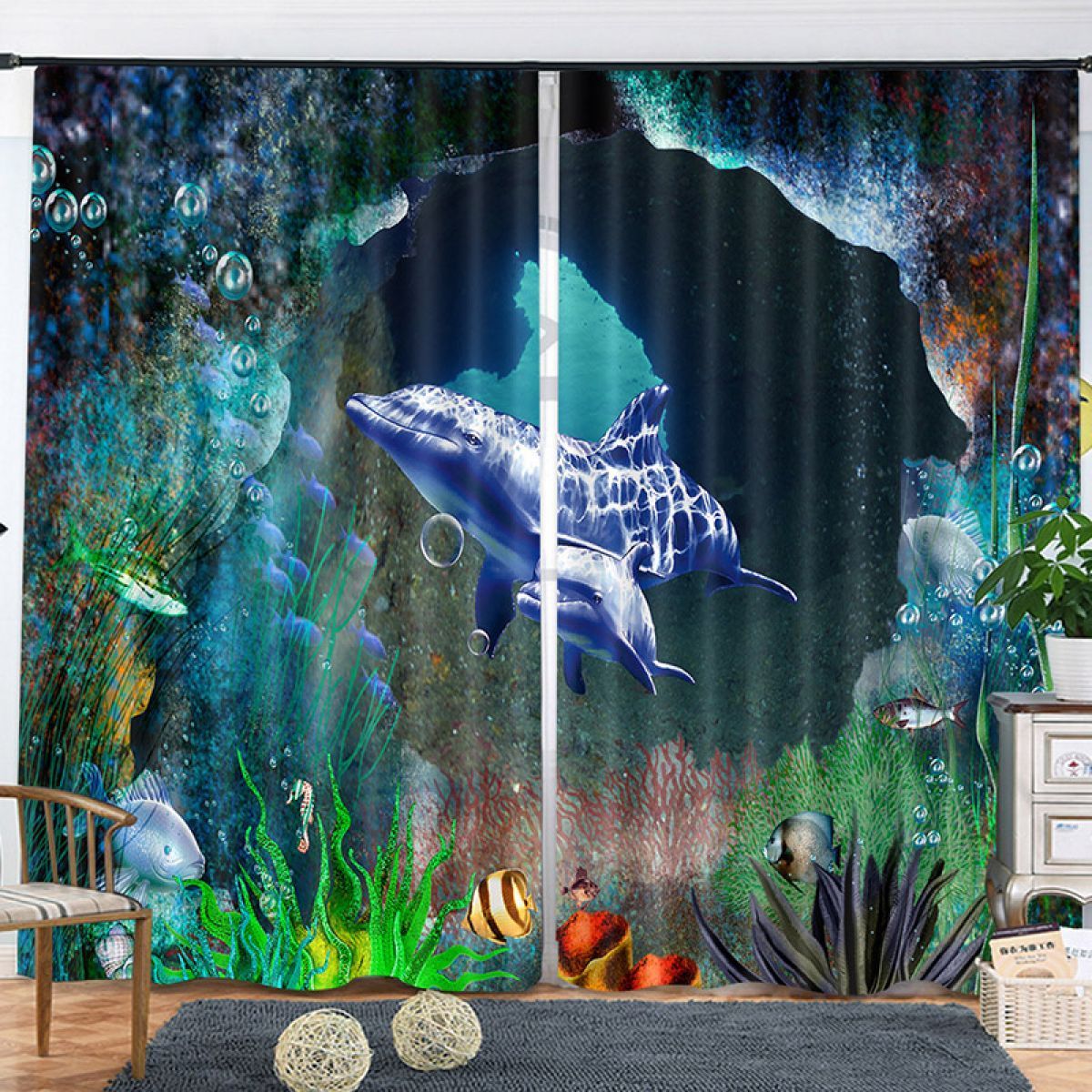 Modern 3d Dolphin In The Deep Sea Printed Window Curtain Home Decor