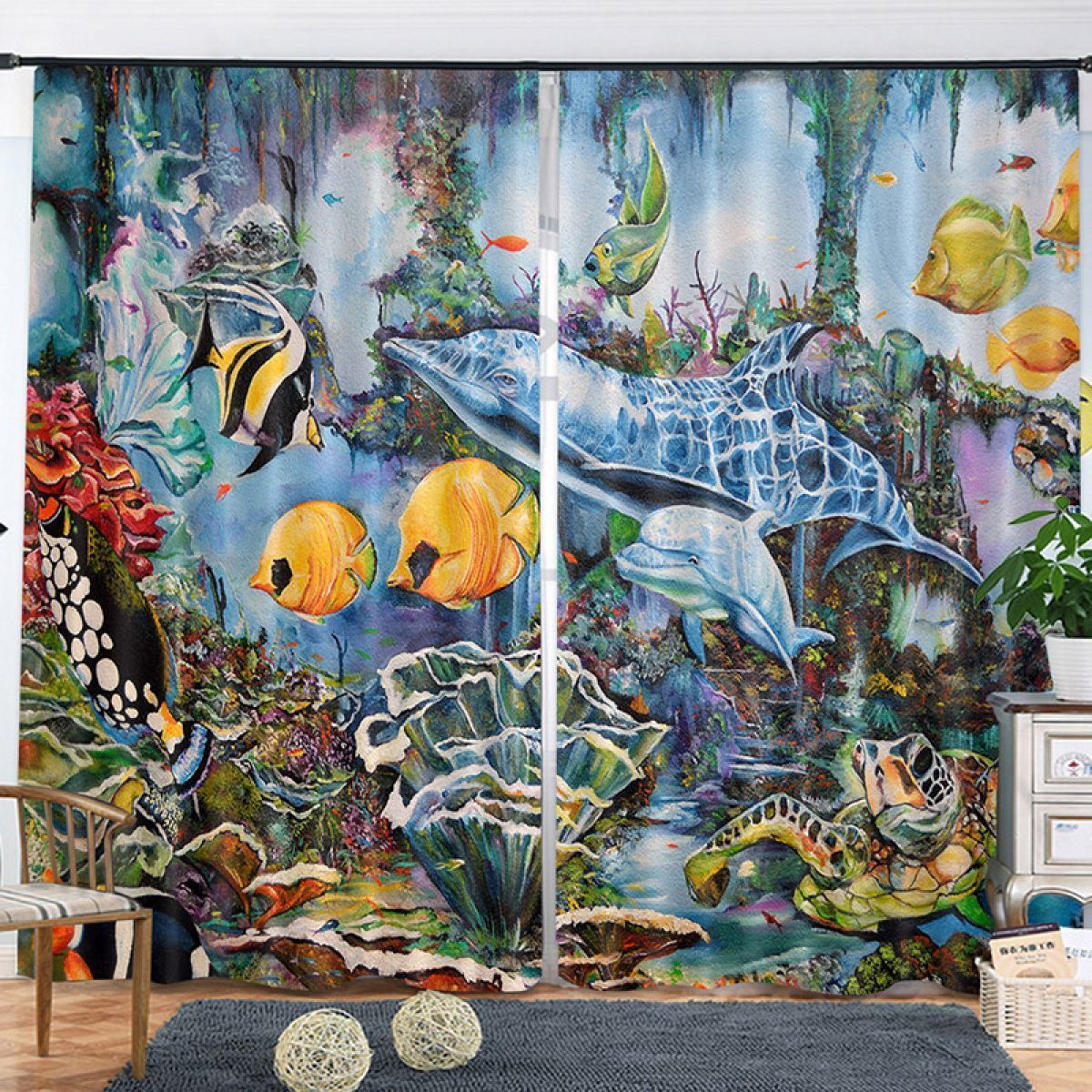 Modern 3d Fishes In The Deep Sea Printed Window Curtain Home Decor