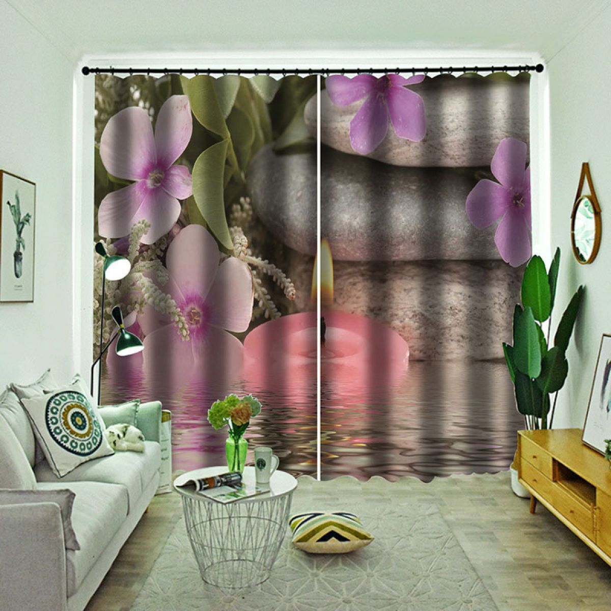 Modern 3d Flowers And Candle Printed Window Curtain Home Decor