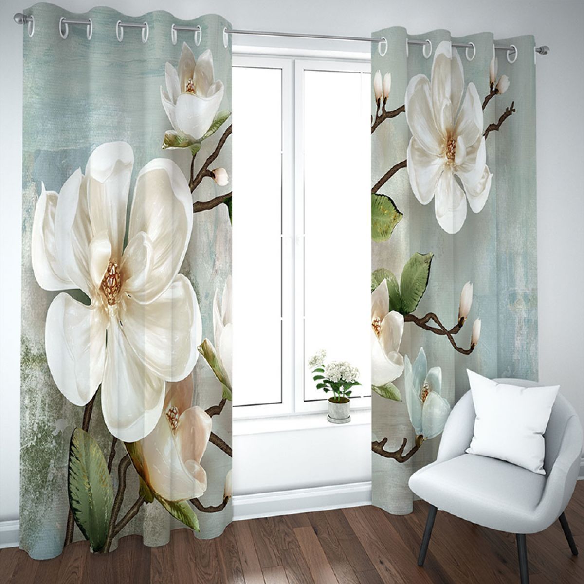 Modern 3d Gardenia Branch Printed Window Curtain Home Decor