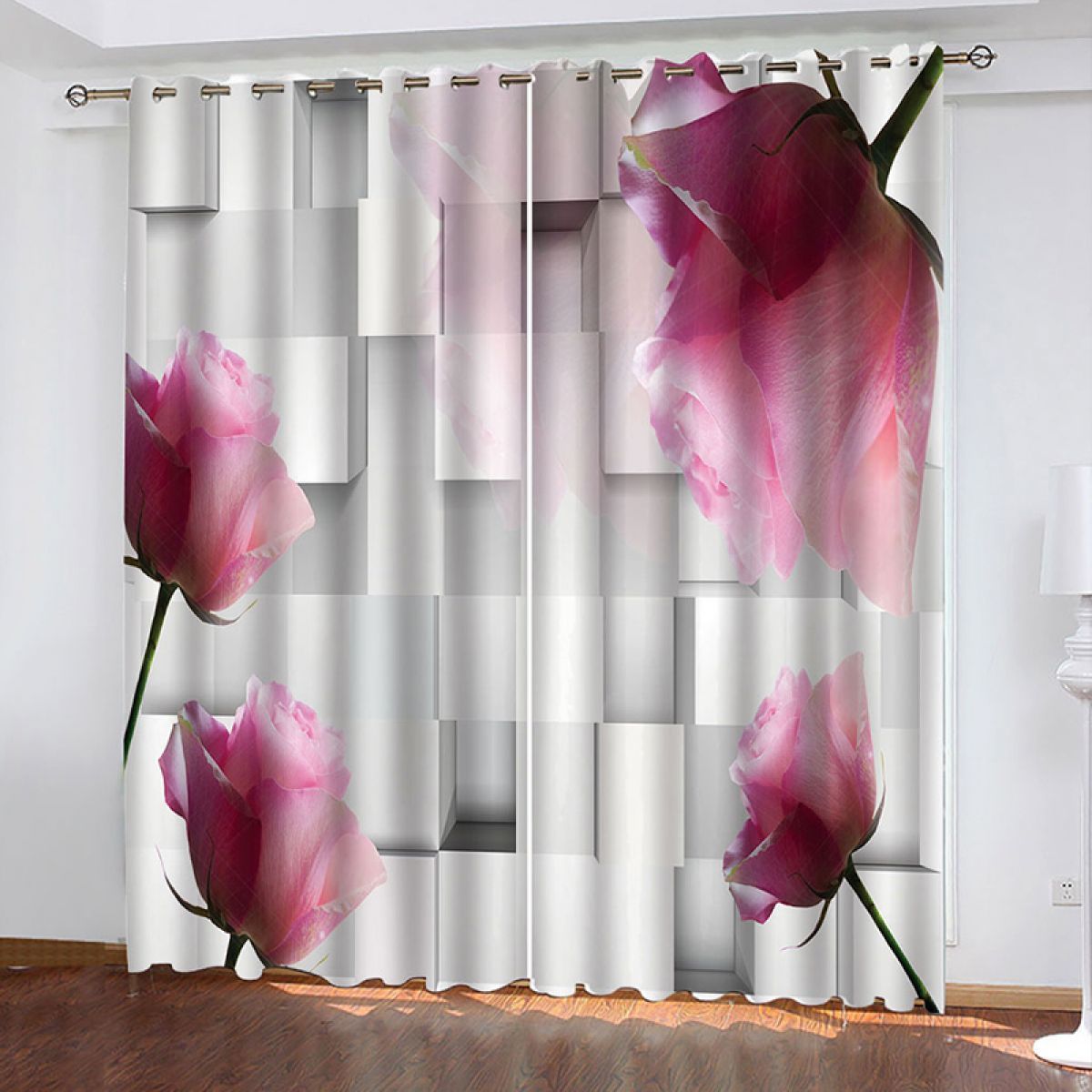 Modern 3d Geometric And Roses Printed Window Curtain Home Decor