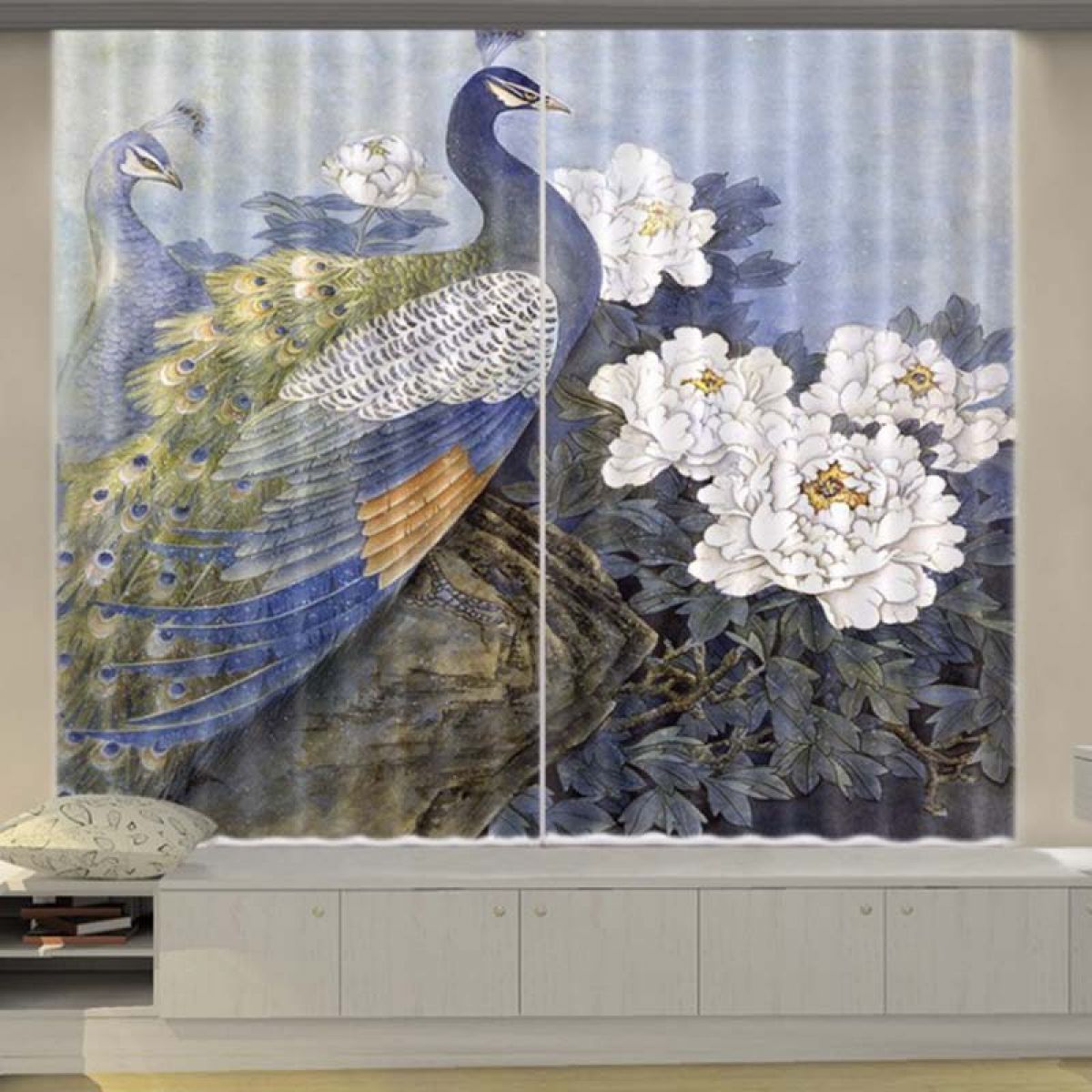 Modern 3d Peacock And Flowers Printed Window Curtain Home Decor