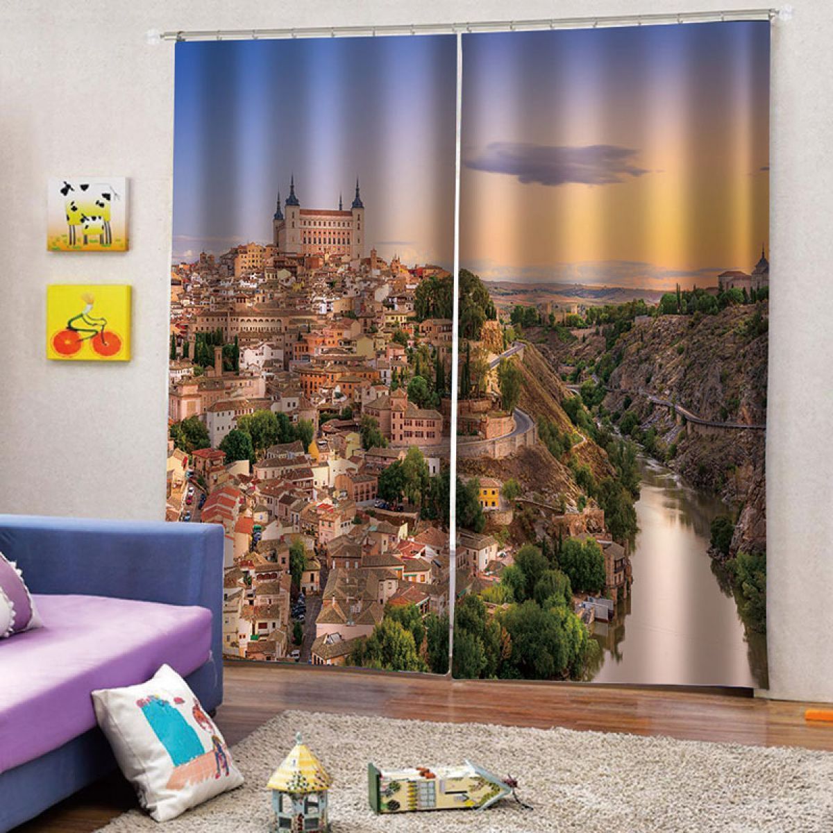 Modern 3d Town On The Hill Printed Window Curtain Home Decor