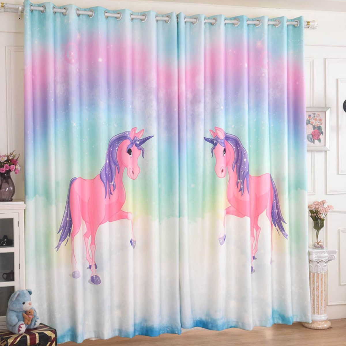 Modern 3d Unicorn Dreamy World Printed Window Curtain Home Decor