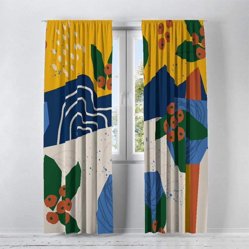 Modern Blues Abstract Printed Window Curtain Home Decor