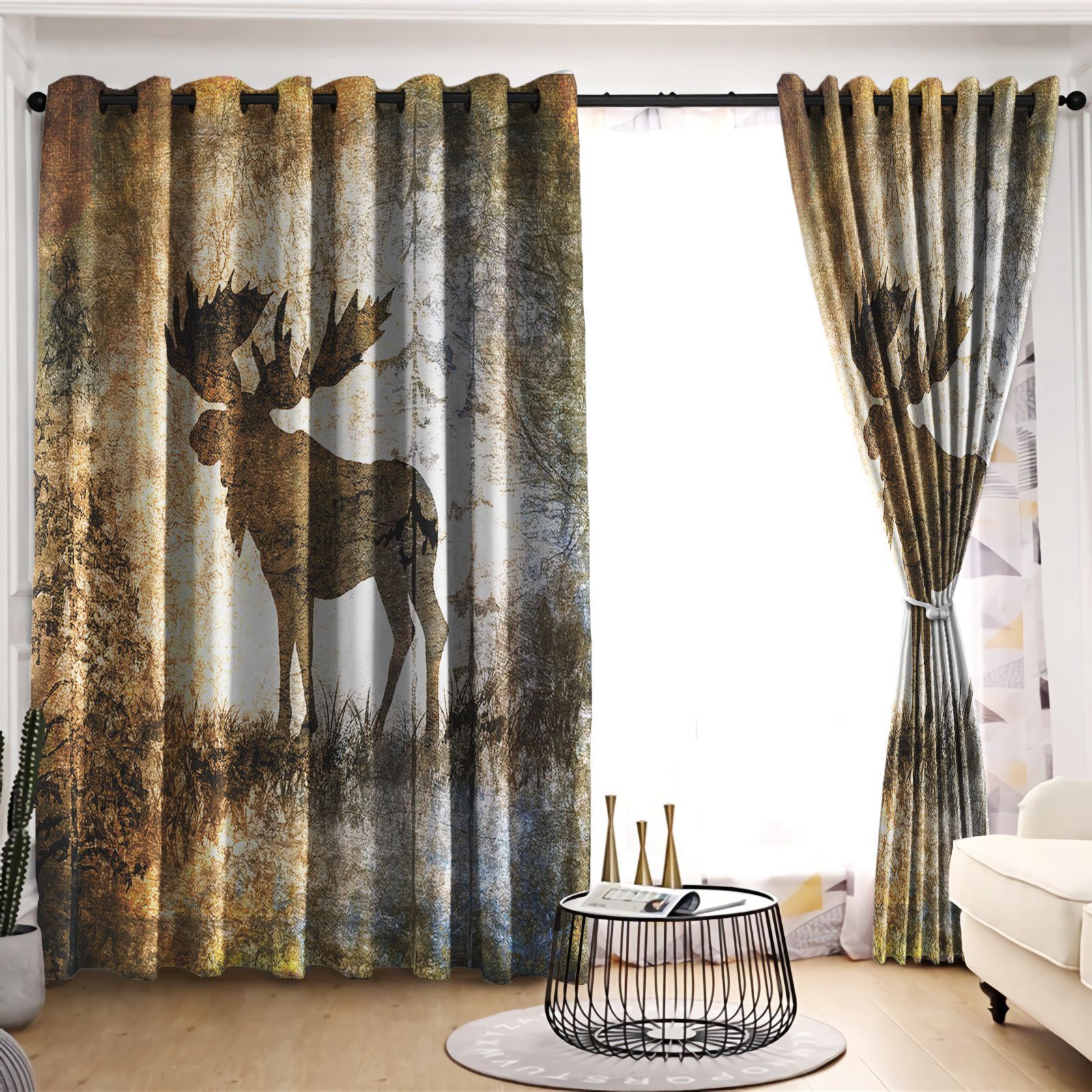Moose Brown And White Printed Window Curtain Home Decor