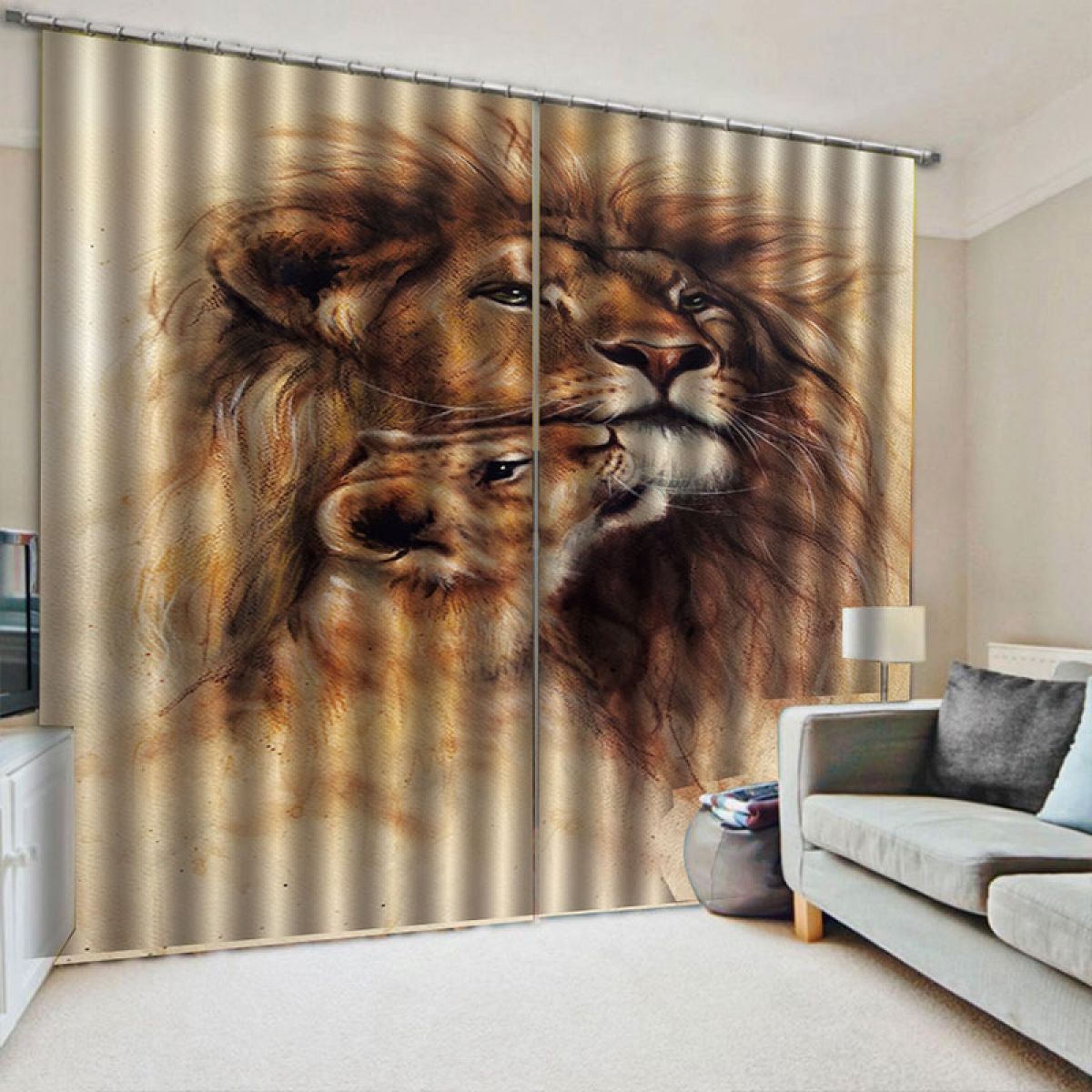 Mother Lion And Child Printed Window Curtain Home Decor