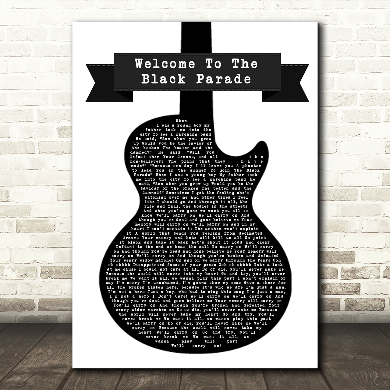 My Chemical Romance Welcome Black Parade Black & White Guitar Song Lyric Print