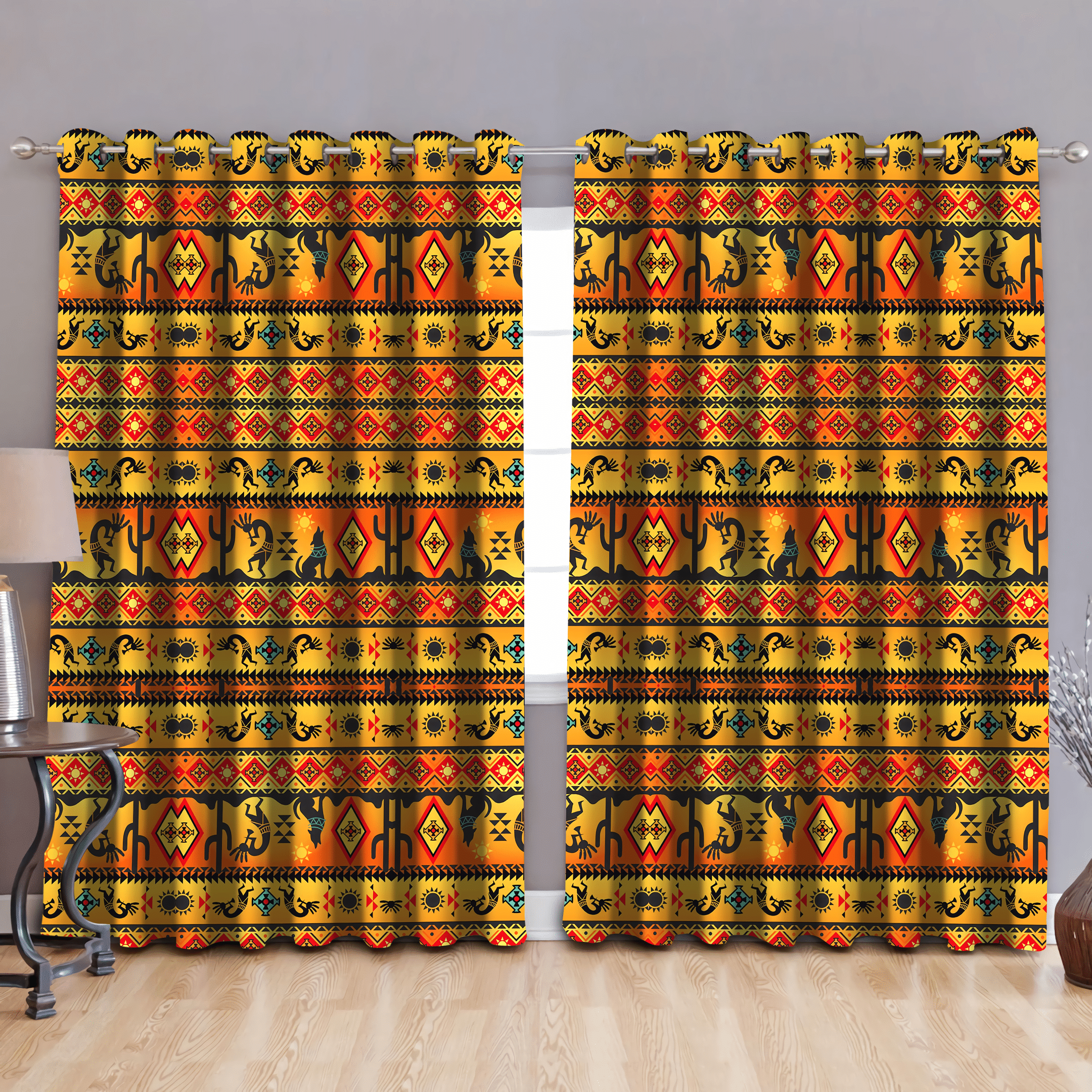 Native American Art Yellow And Orange Background Printed Window Curtain