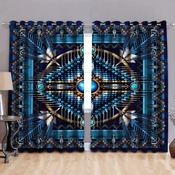 Native American Blue Pattern Printed Window Curtain