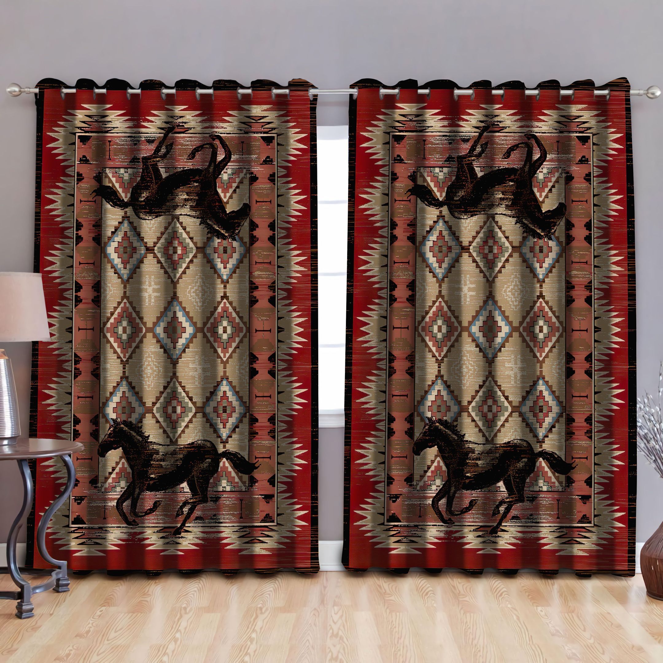 Native American Horses Pattern Printed Window Curtain