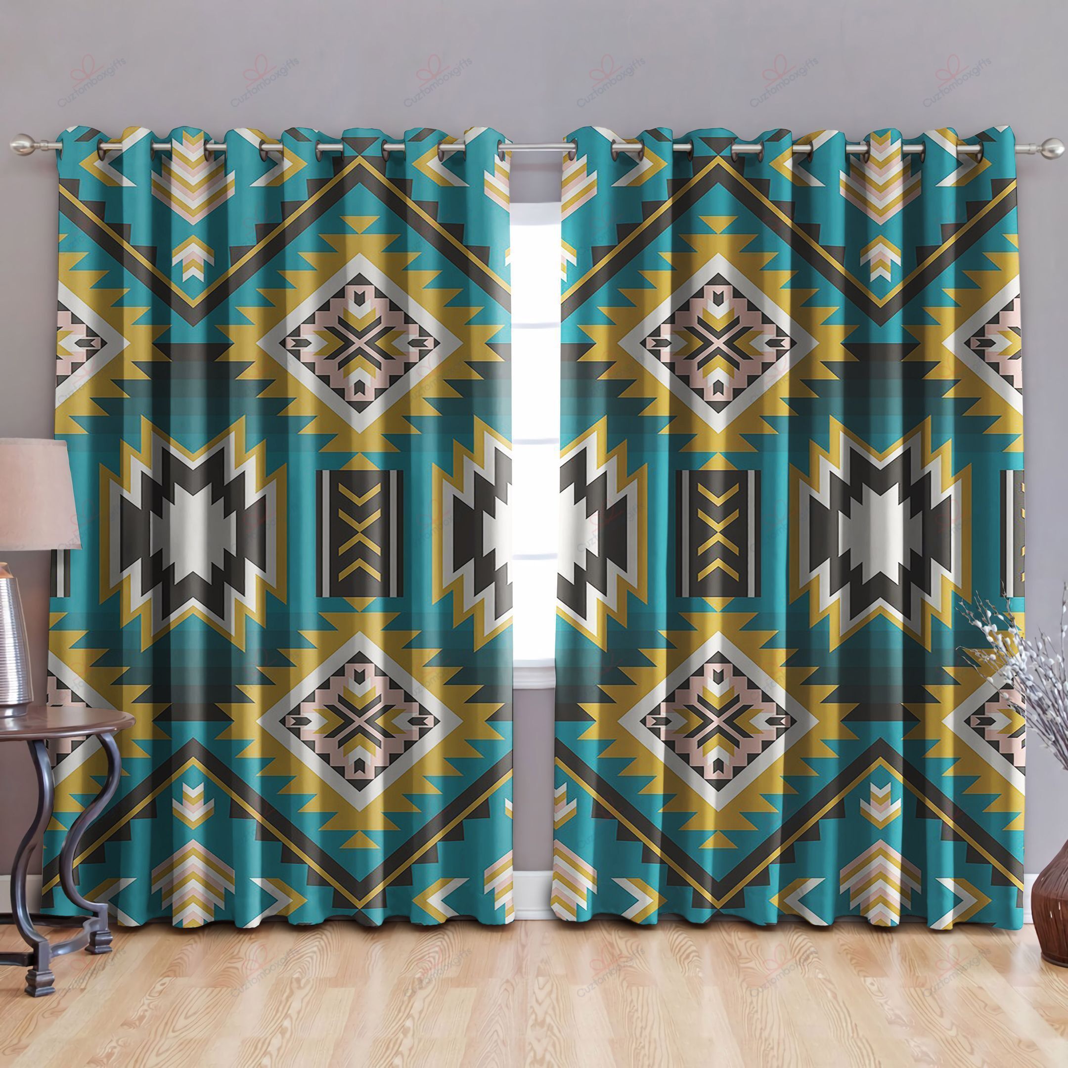 Native American Jade And Yellow Printed Window Curtain Home Decor