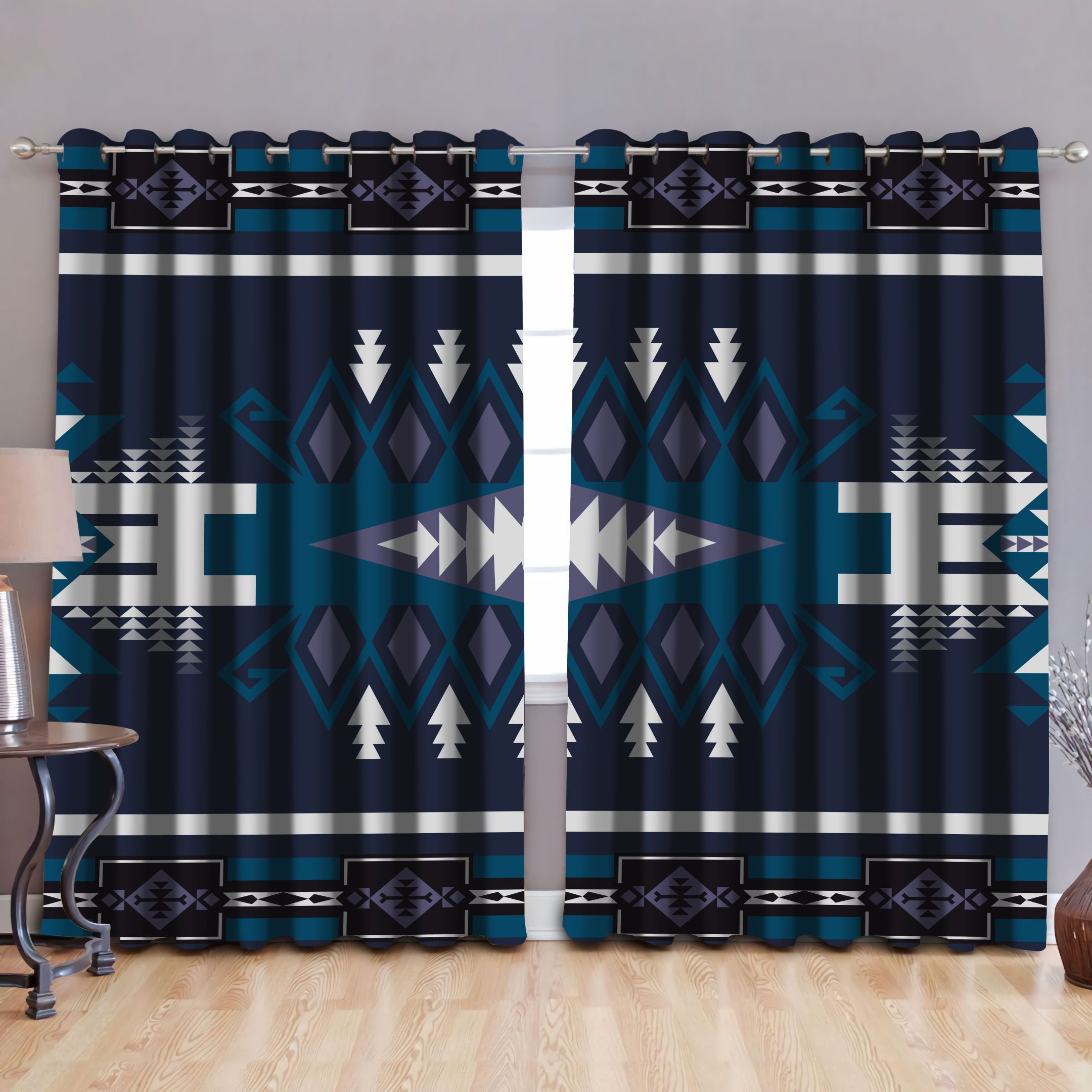 Native American Pattern Black And Blue Background Printed Window Curtain