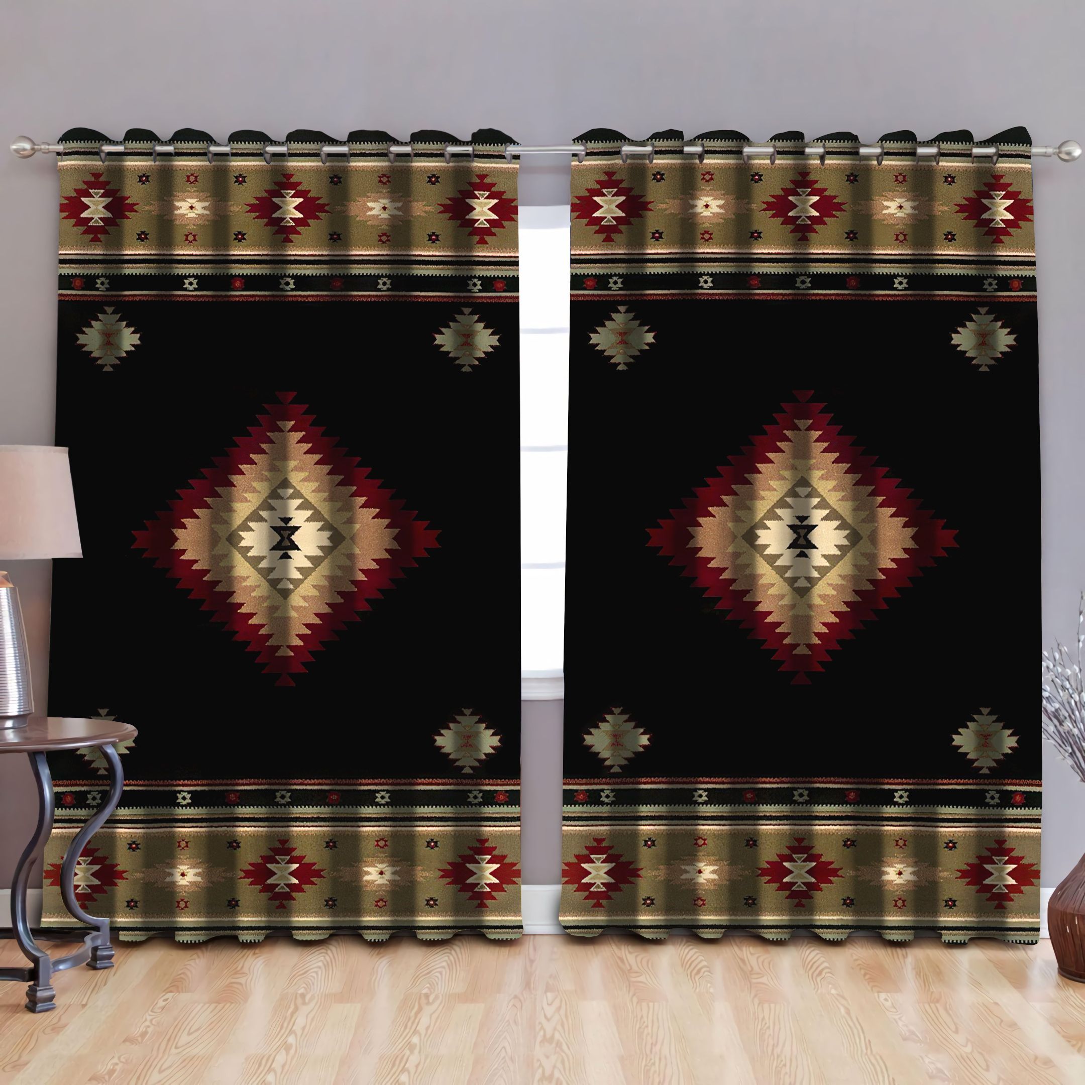 Native American Pattern Black Background Printed Window Curtain