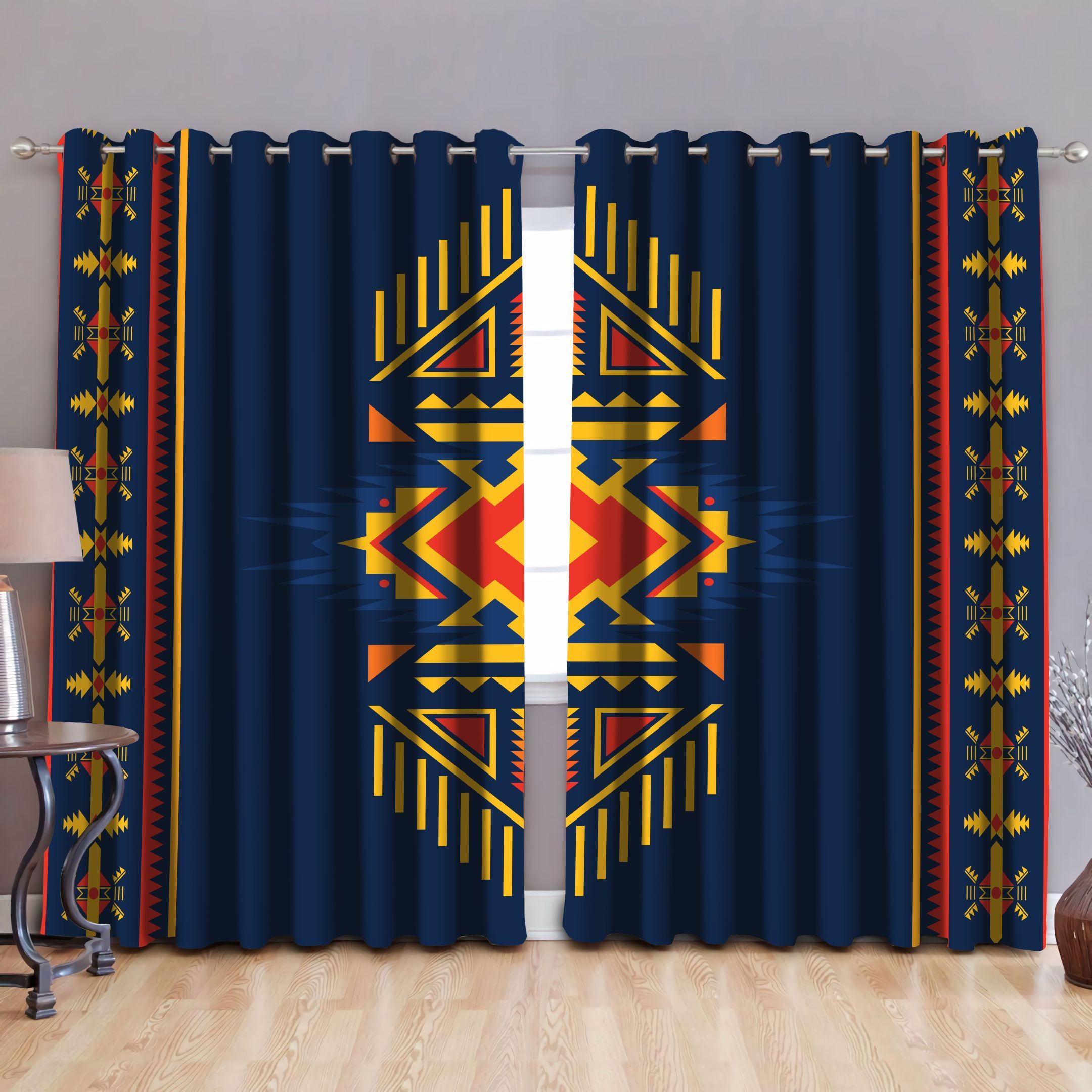 Native American Pattern Blue Background Printed Window Curtain
