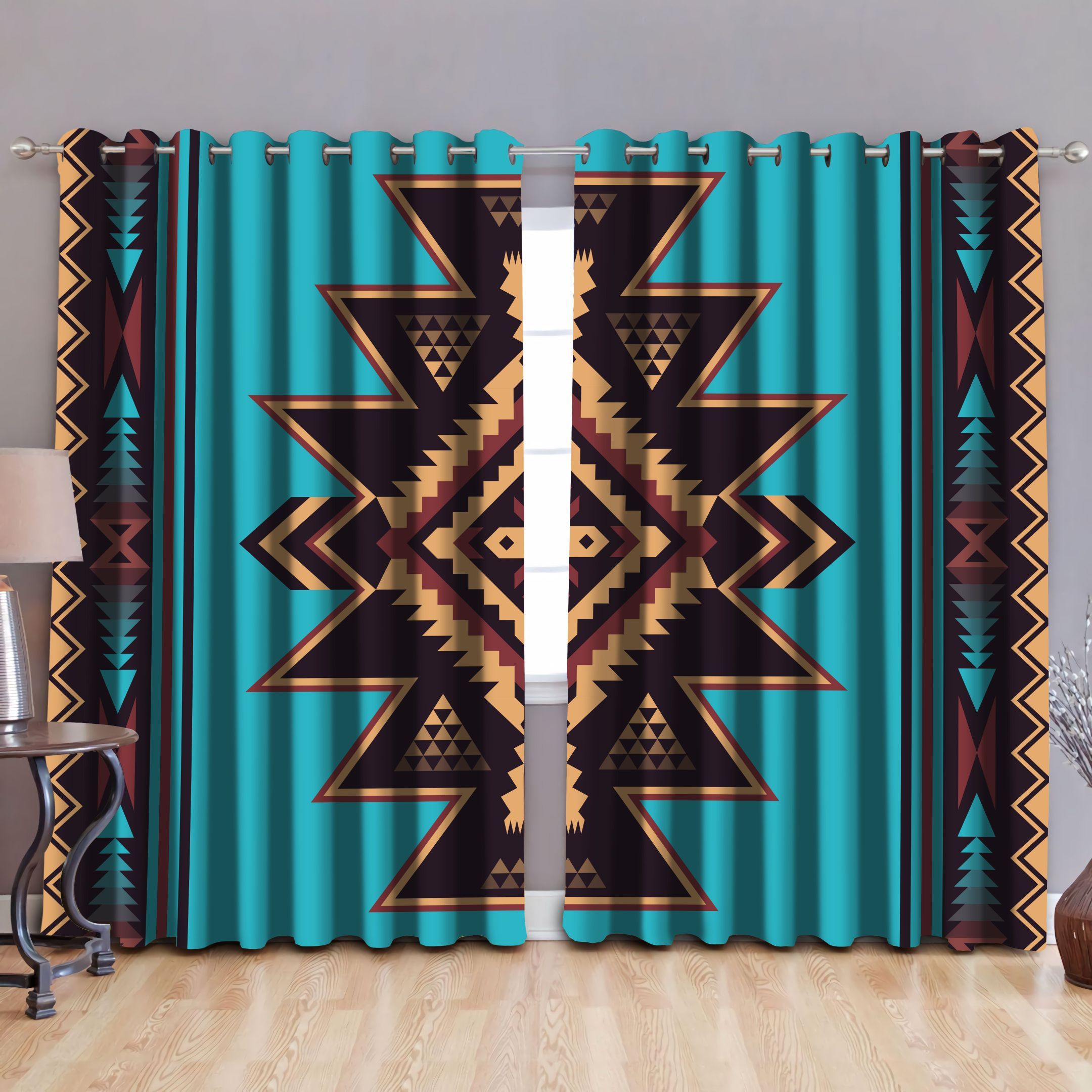Native American Pattern Blue Background Printed Window Curtain