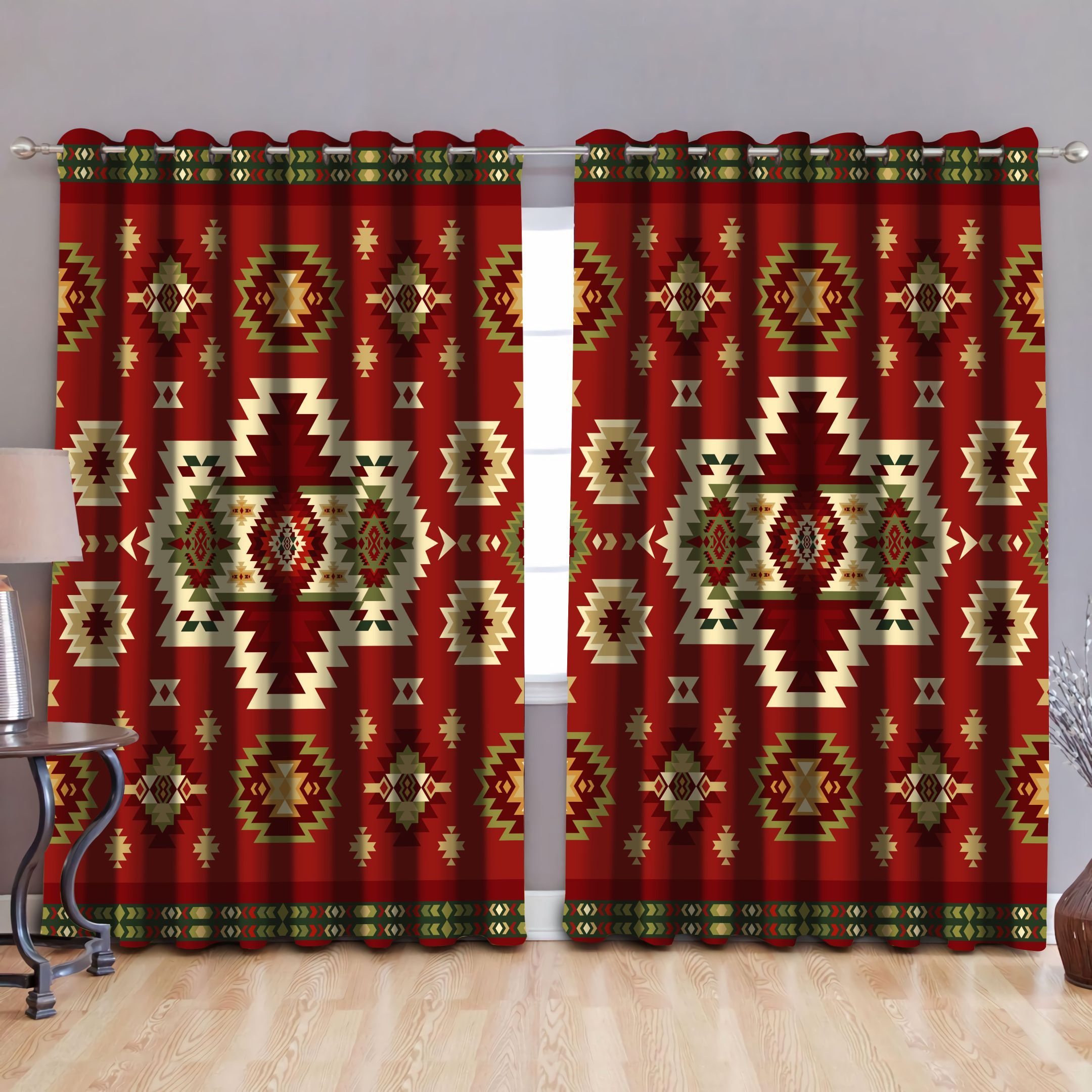 Native American Pattern Red Background Printed Window Curtain