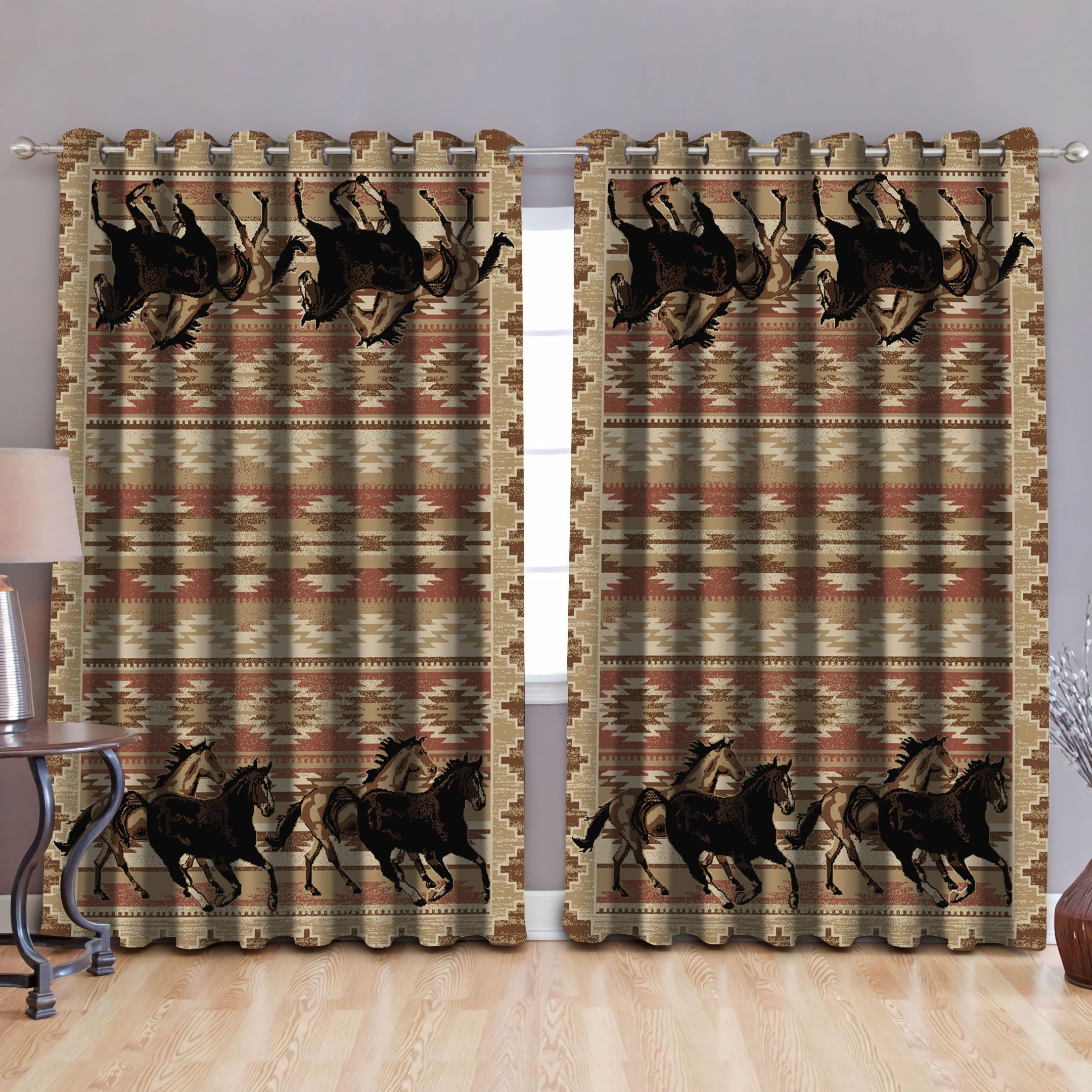 Native American Pattern Running Horse Printed Window Curtain