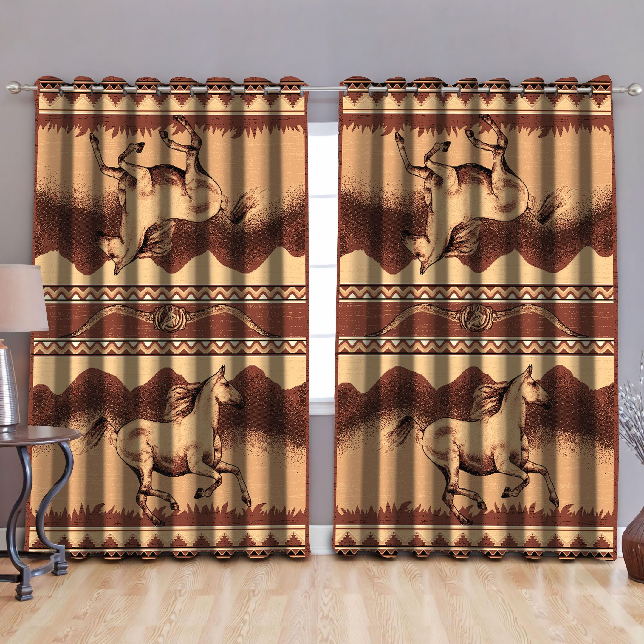 Native American Pattern Running Wild Horse Printed Window Curtain