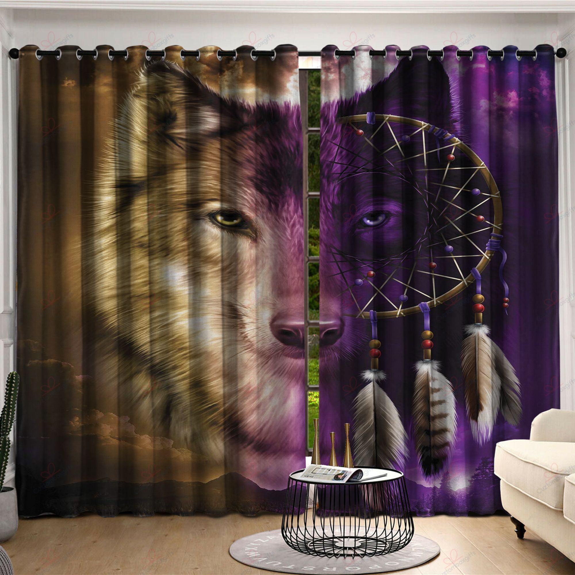 Native American Two Colors Wolf Dreamcatcher Printed Window Curtain