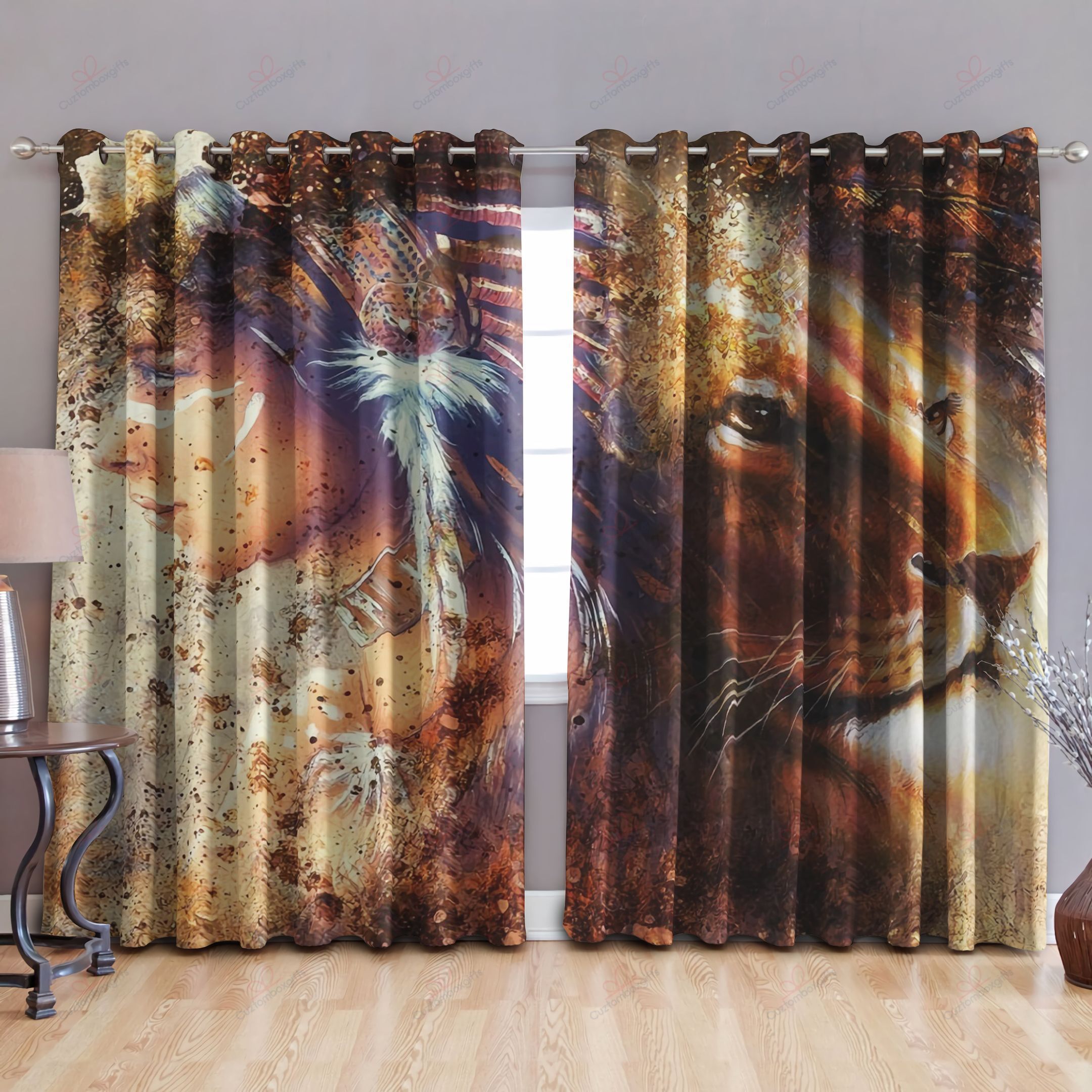 Native American Women And Lions Printed Window Curtain