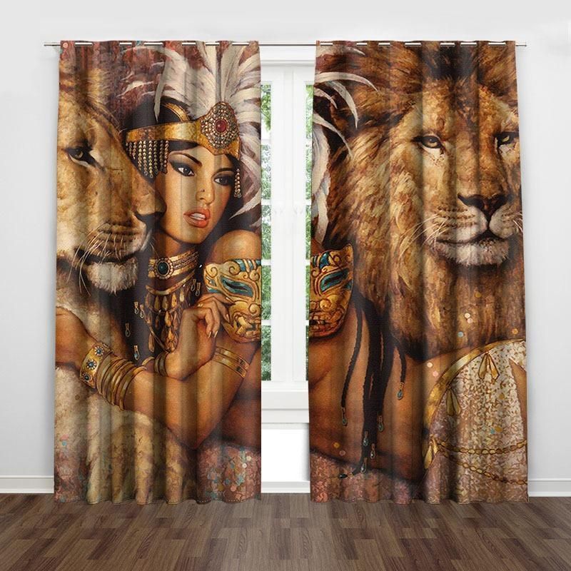 Native Lady With A Lion Printed Window Curtain