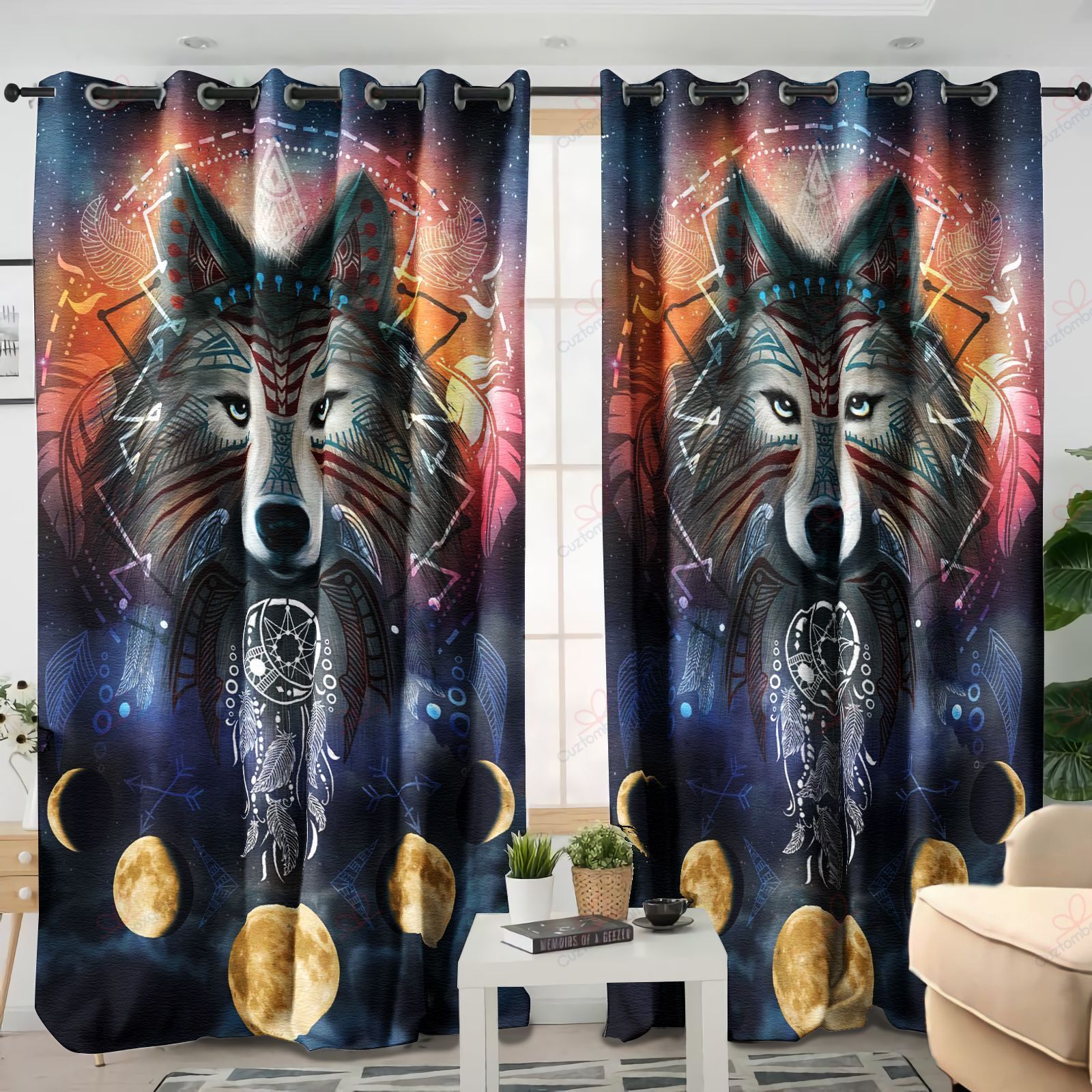 Native Wolf Printed Window Curtains Home Decor