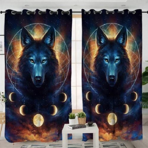 Night Guardian With Wolf Printed Window Curtain