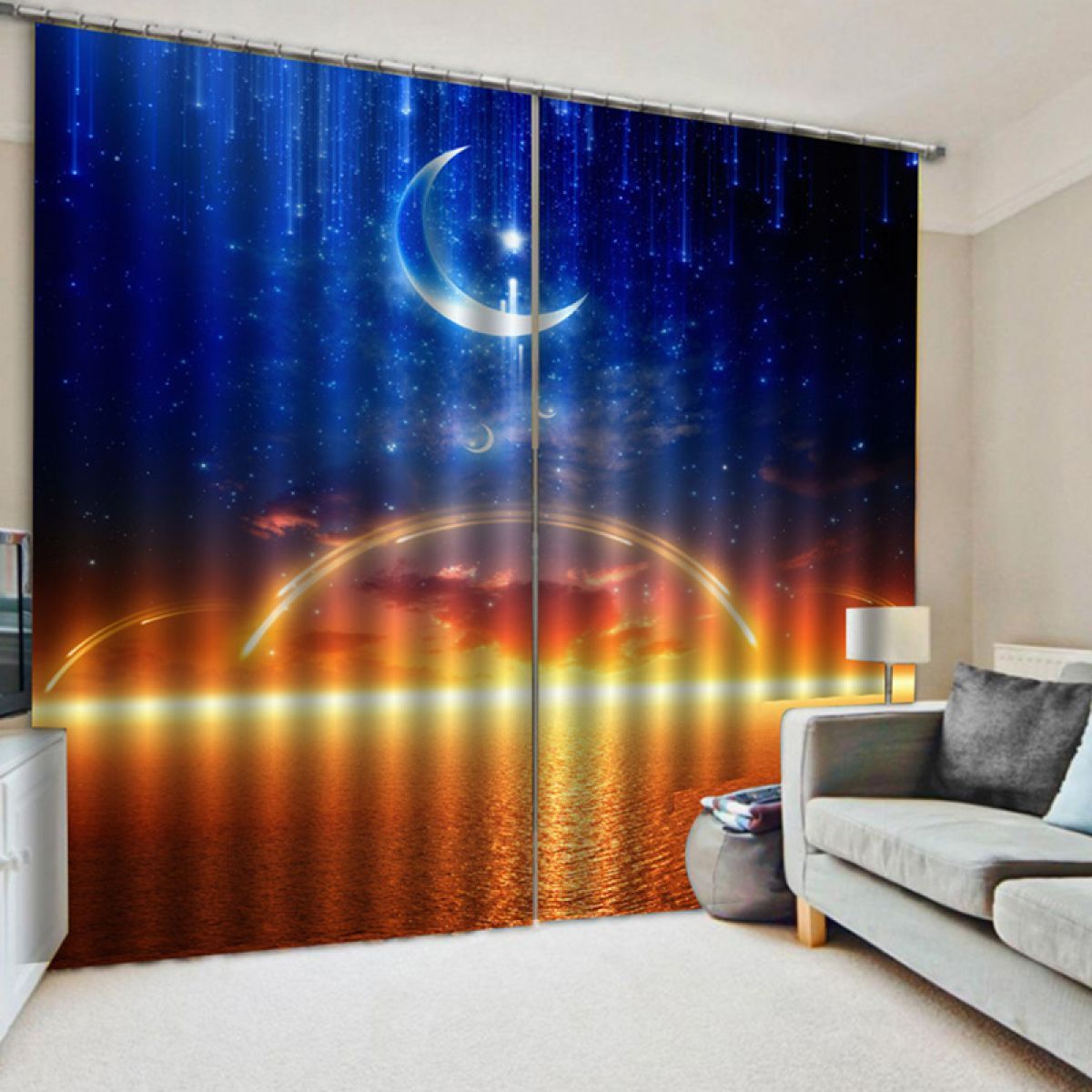 Night Sea Moon Printed Window Curtain Home Decor