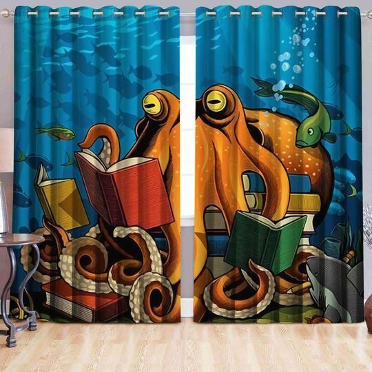 Octopus With Books Printed Window Curtain Home Decor