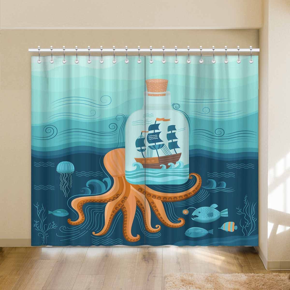 Octopus With Ship In The Bottle Printed Window Curtain