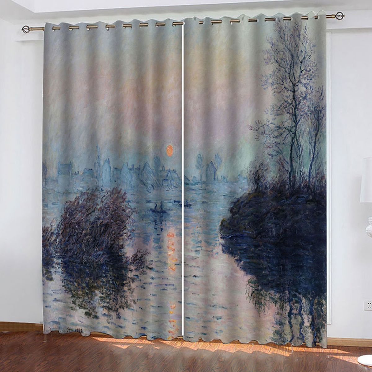 Oil Painting Of River Landscape Printed Window Curtain Home Decor