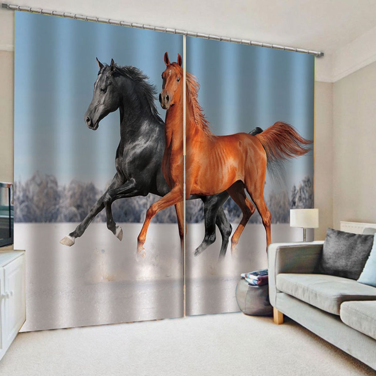 Orange And Black Running Horse Printed Window Curtain Home Decor