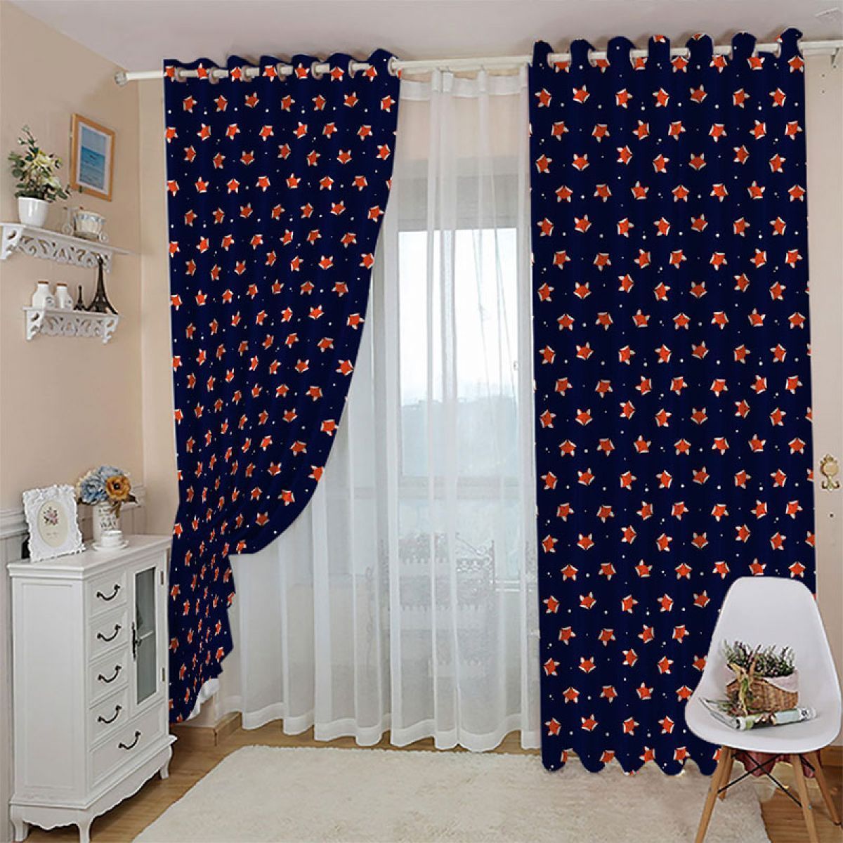 Orange Little Foxes Printed Window Curtain Home Decor