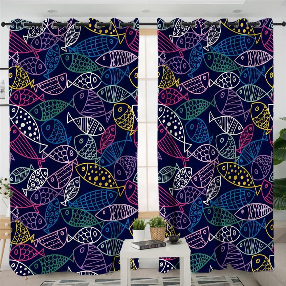 Outlined Fish Dark Blue Window Curtains Home Decor